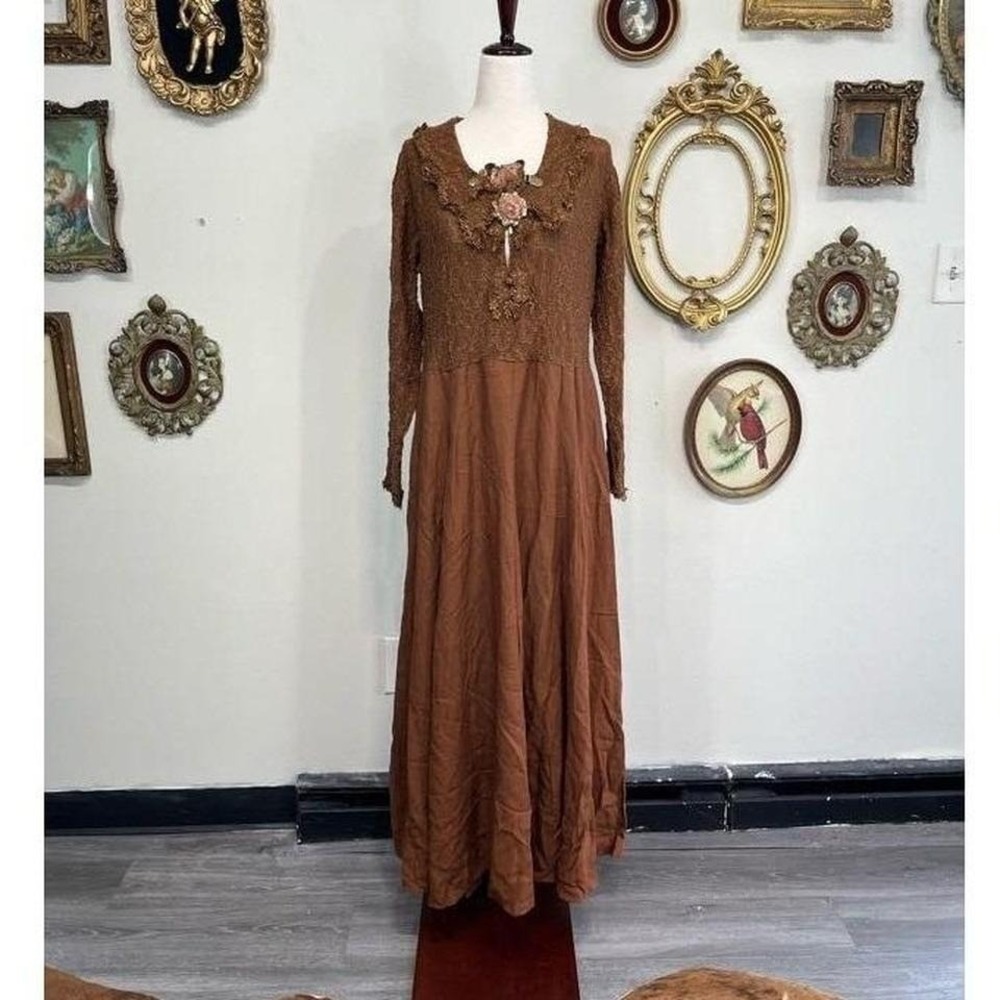 Vintage Margot Lea Brown Lace Maxi Dress Rosette Cottagecore Boho O/S 97D
